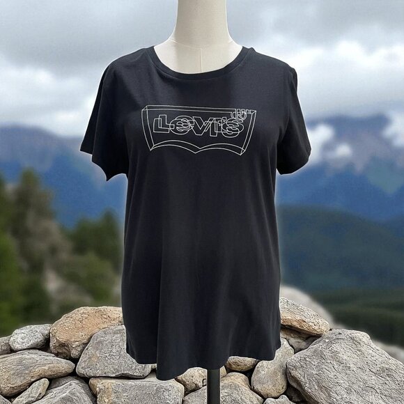 Levis Black Glitter Logo Graphic T Shirt Womens XL Casual Streetwear Y2K Retro - Picture 1 of 7